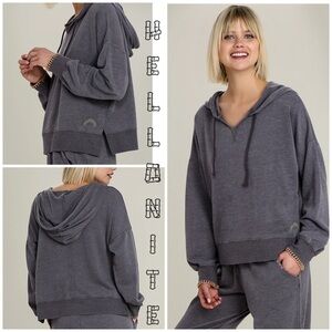 HelloNite! Feather Fleece V-neck Hoodie.  Rainbow, contrast stitched cuffs. Soft